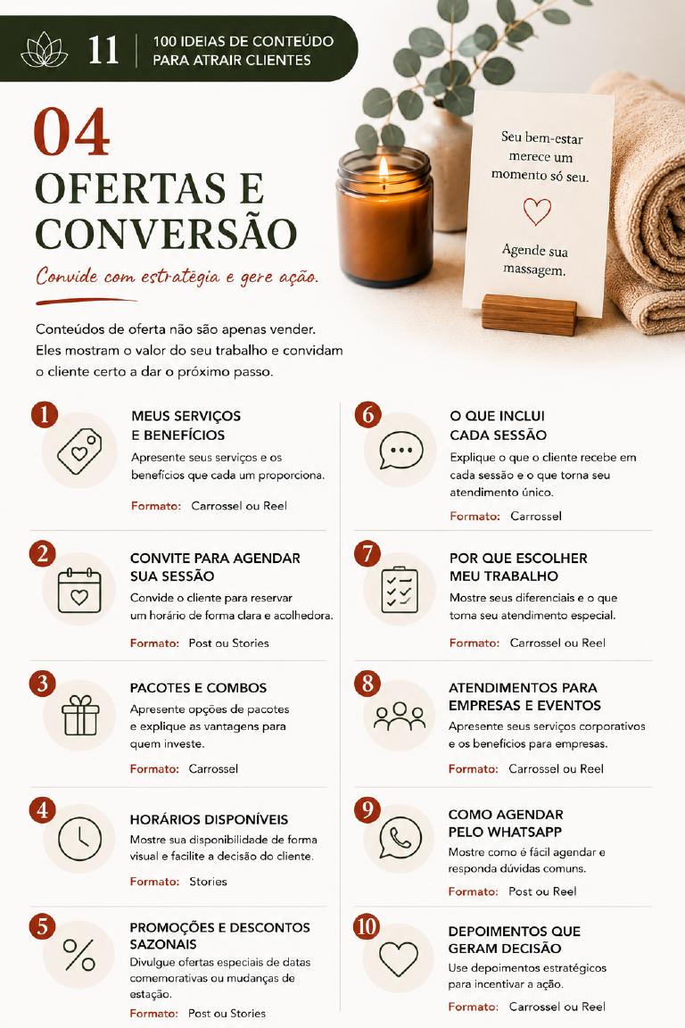 Página do e-book com ideias de conteúdo sobre ofertas e conversão